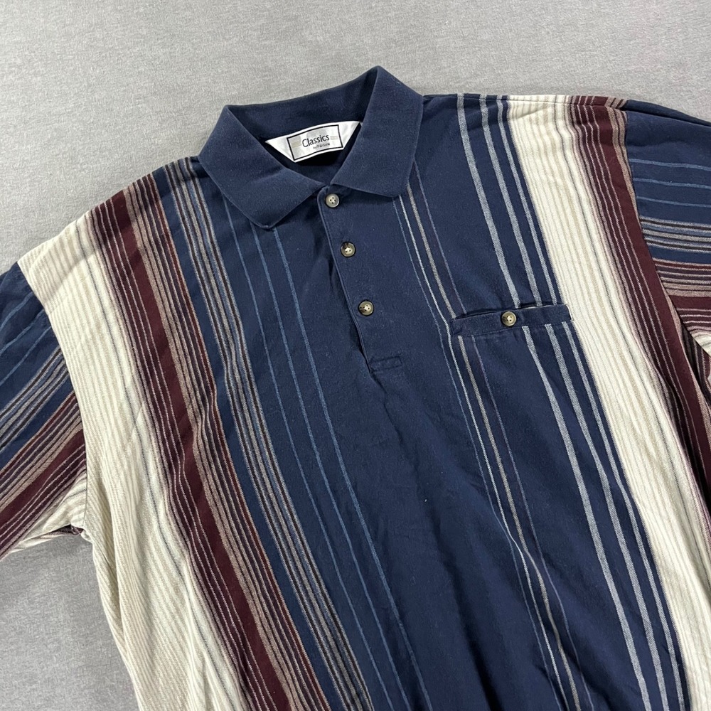 Classics by Palmland Mens XL Polo Shirt Navy Burgundy Striped Banded Hem Retro